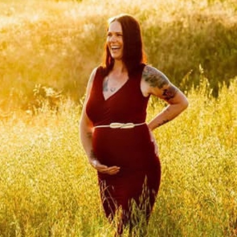 Sew trendy v neck deep red maternity gown with little train